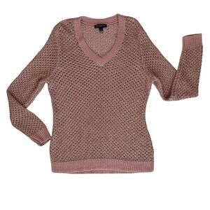 New INC Pointelle Womens Transitional Sweater XL V Neck Metallic Open Stitch
